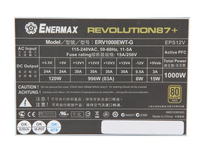 Enermax Revolution87+ 80 Plus Gold 1000W, Semi Modular, Multi Rail, Power Supply, ERV1000EWT-G