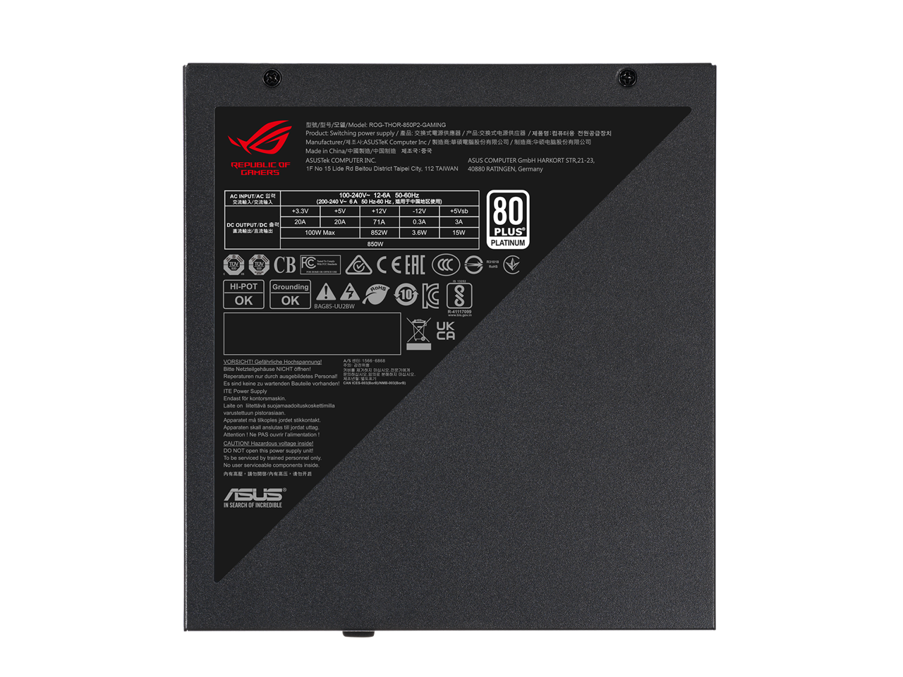 ASUS ROG Thor 850W Platinum II (850Watt, Fully Modular Power Supply, 80+ Platinum, Lambda A++ Certified, ROG heatsinks, 135mm PWM fan, 0dB Mode, OLED Panel, Sleeved Cables, Aura Sync)