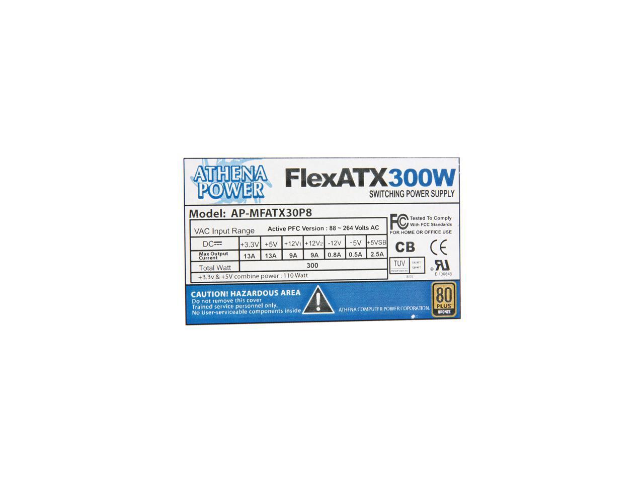 Athena Power AP-MFATX30P8 20+4Pin 300W Single 80 PLUS Bronze Certified Server Power Supply for 1U Mini-ITX