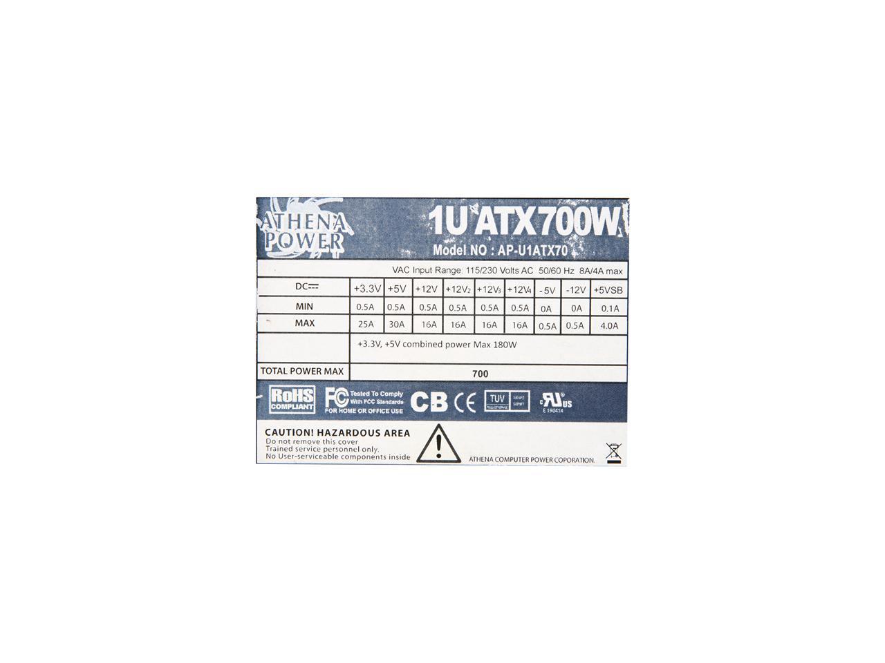 Athena Power AP-U1ATX70 20+4Pin 700W Single 1U EPS Server Power Supply