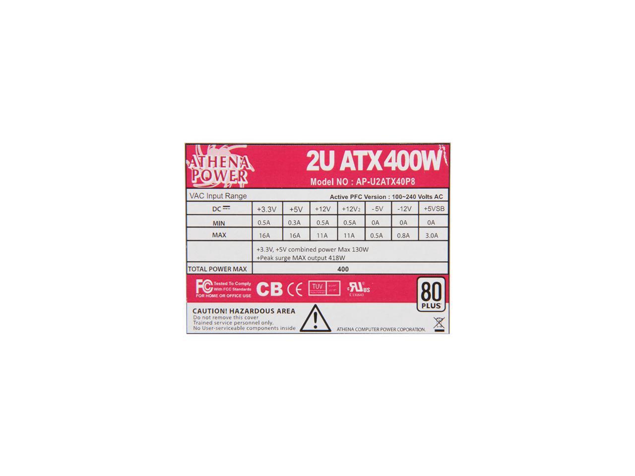Athena Power AP-U2ATX40P8 20+4Pin 400W Single 2U EPS 80 PLUS Server Power Supply