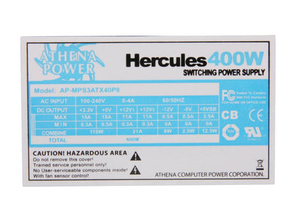 Athena Power Hercules Series AP-MPS3ATX40P8 20+4Pin Single PS2/PS3 4"(D) EPS-12V 400W PFC 82+ Bronze Certified - OEM