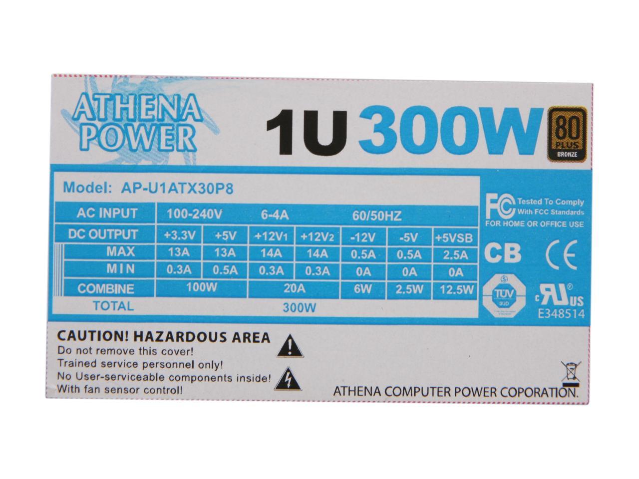 Athena Power AP-U1ATX30P8 20+4Pin 300W Single 1U IPC Server Power Supply - 80PLUS bronze