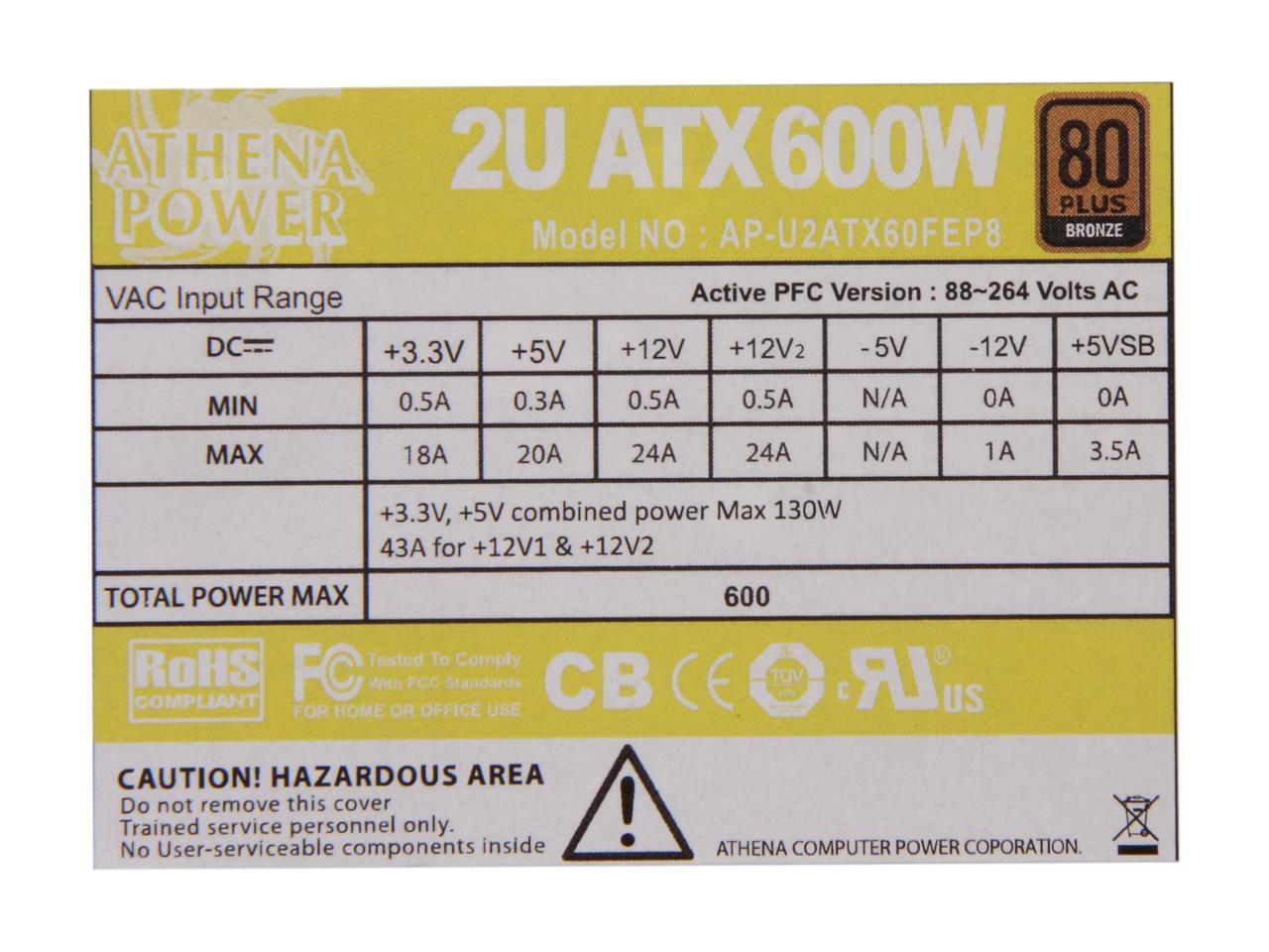 Athena Power AP-U2ATX60FEP8 20+4Pin 600W Single Server Power Supply - 80PLUS Bronze