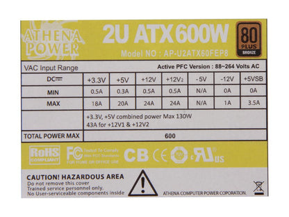 Athena Power AP-U2ATX60FEP8 20+4Pin 600W Single Server Power Supply - 80PLUS Bronze
