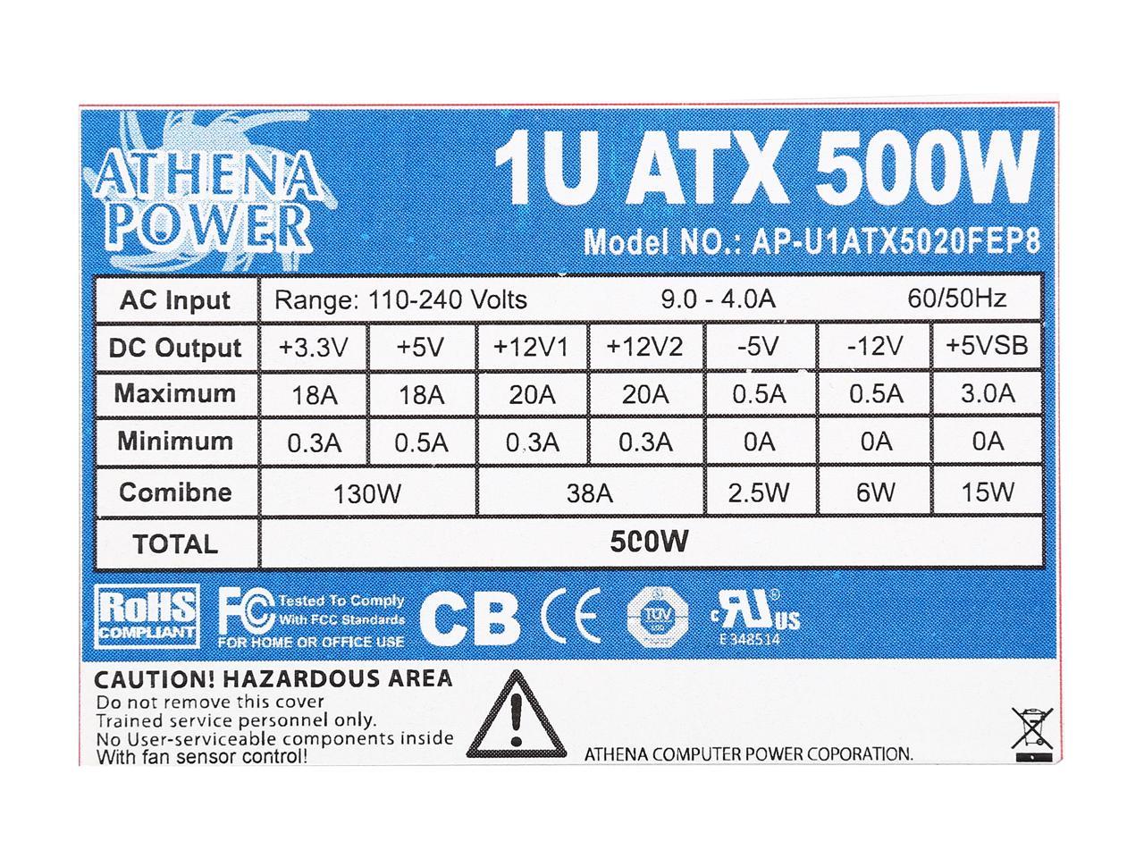 Athena Power AP-U1ATX5020FEP8 500W 1U Single Standard Length (200mm) EPS12V/ATX12V IPC Sever Power Supply - 80PLUS Bronze - ActivePFC - OEM