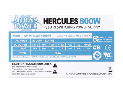 Athena Power AP-MPS3ATX80EP8 800W MicroPS3 (118mm Length)/PS2 Single EPS12V/ATX12V IPC Server Power Supply - 80PLUS Bronze - ActivePFC - OEM