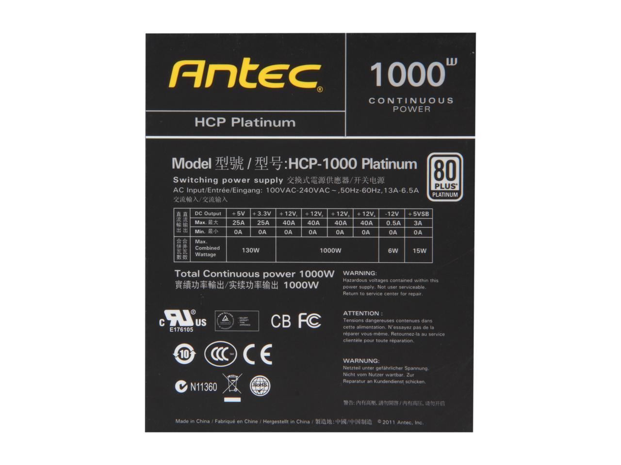 Antec HCP Platinum HCP-1000 1000W ATX12V V2.32 / EPS12V V2.92 SLI Ready CrossFire Ready 80 PLUS PLATINUM Certified Full Modular Active PFC Power Supply - Intel Haswell Fully Compatible