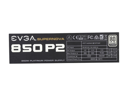 EVGA SuperNOVA 850 P2 220-P2-0850-X1 80+ PLATINUM 850W Fully Modular EVGA ECO Mode Includes FREE Power On Self Tester Power Supply