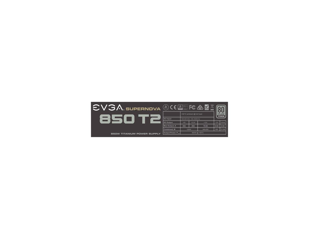 EVGA SuperNOVA 850 T2 220-T2-0850-X1 80+ TITANIUM 850W Fully Modular EVGA ECO Mode Includes FREE Power On Self Tester Power Supply