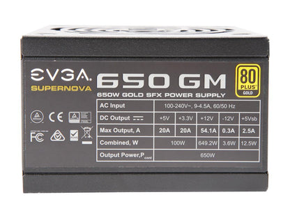 EVGA SuperNOVA 650 GM, 80 Plus Gold 650W, Fully Modular, ECO Mode with DBB Fan, Includes Power ON Self Tester, SFX Form Factor, Power Supply, 123-GM-0650-Y1