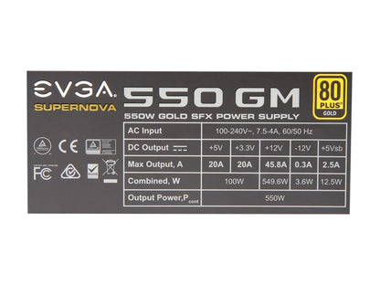 EVGA SuperNOVA 550 GM, 80 Plus Gold 550W, Fully Modular, ECO Mode with DBB Fan, Includes Power ON Self Tester, SFX Form Factor, Power Supply, 123-GM-0550-Y1