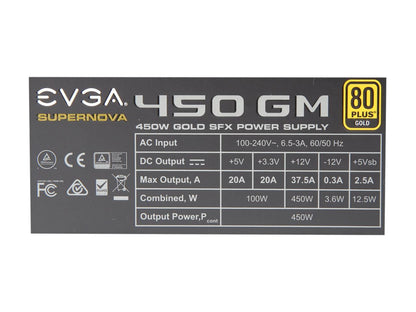 EVGA SuperNOVA 450 GM, 80 Plus Gold 450W, Fully Modular, ECO Mode with DBB Fan, Includes Power ON Self Tester, SFX Form Factor, Power Supply, 123-GM-0450-Y1