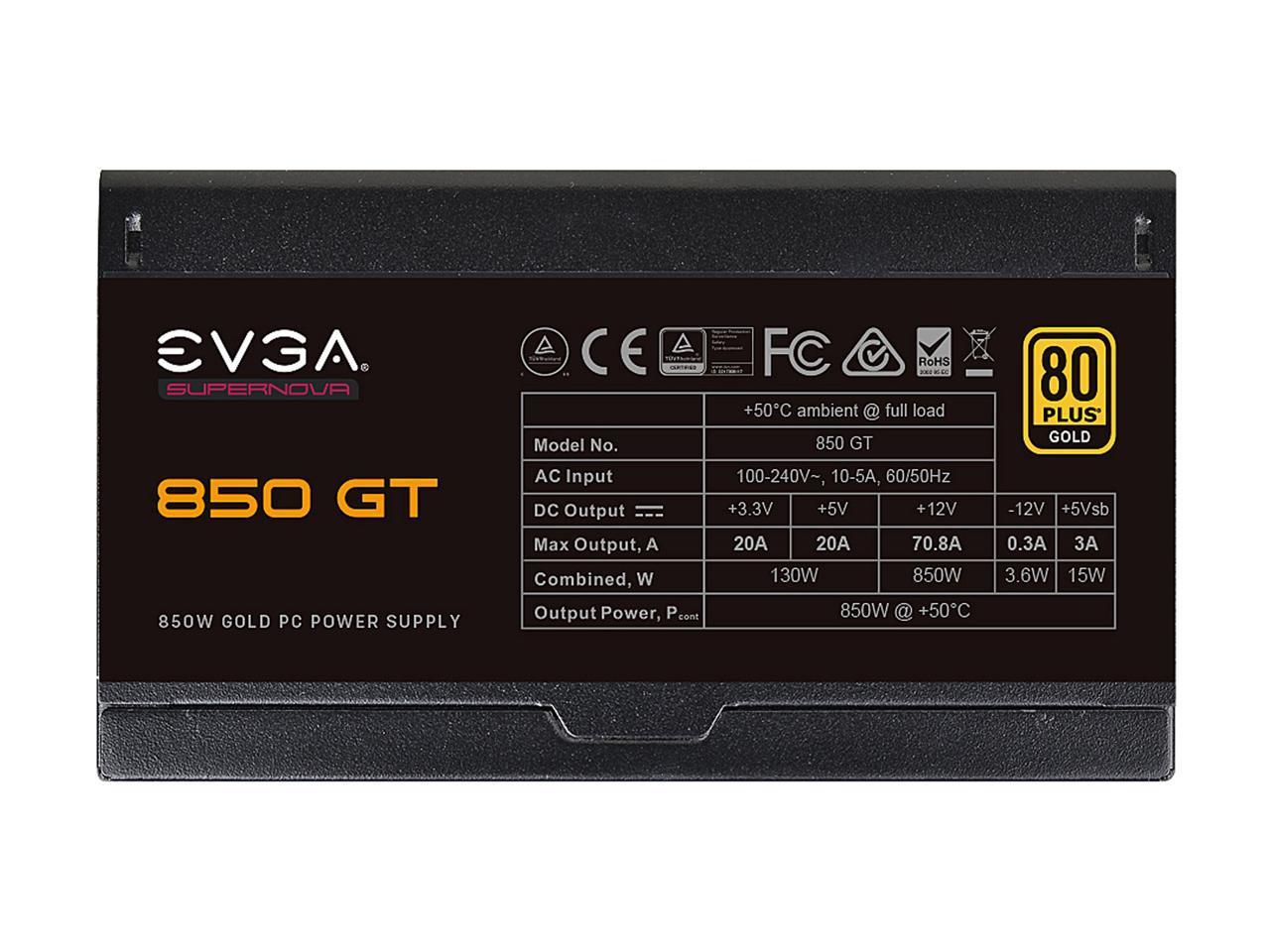 EVGA SuperNOVA 850 GT, 80 Plus Gold 850W, Fully Modular, Auto Eco Mode with FDB Fan, 7 Year Warranty, Includes Power ON Self Tester, Compact 150mm Size, Power Supply 220-GT-0850-Y1