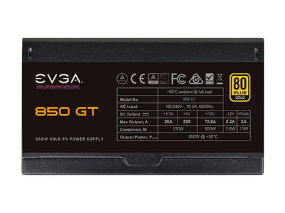 EVGA SuperNOVA 850 GT, 80 Plus Gold 850W, Fully Modular, Auto Eco Mode with FDB Fan, 7 Year Warranty, Includes Power ON Self Tester, Compact 150mm Size, Power Supply 220-GT-0850-Y1