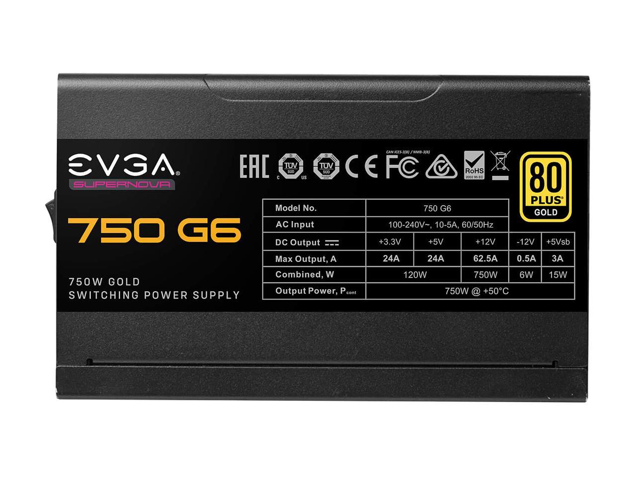 EVGA SuperNOVA 750 G6, 80 Plus Gold 750W, Fully Modular, Eco Mode with FDB Fan, 10 Year Warranty, Includes Power ON Self Tester, Compact 140mm Size, Power Supply 220-G6-0750-X1