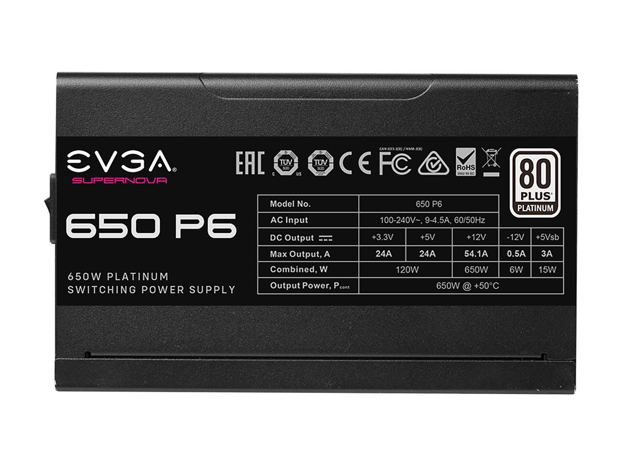 EVGA SuperNOVA 650 P6, 80 Plus Platinum 650W, Fully Modular, Eco Mode with FDB Fan, 10 Year Warranty, Includes Power ON Self Tester, Compact 140mm Size, Power Supply 220-P6-0650-X1