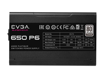 EVGA SuperNOVA 650 P6, 80 Plus Platinum 650W, Fully Modular, Eco Mode with FDB Fan, 10 Year Warranty, Includes Power ON Self Tester, Compact 140mm Size, Power Supply 220-P6-0650-X1