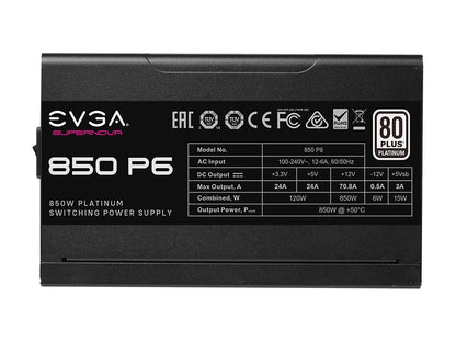 EVGA SuperNOVA 850 P6, 80 Plus Platinum 850W, Fully Modular, Eco Mode with FDB Fan, 10 Year Warranty, Includes Power ON Self Tester, Compact 140mm Size, Power Supply 220-P6-0850-X1