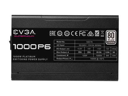 EVGA SuperNOVA 1000 P6, 80 Plus Platinum 1000W, Fully Modular, Eco Mode with FDB Fan, 10 Year Warranty, Includes Power ON Self Tester, Compact 140mm Size, Power Supply 220-P6-1000-X1