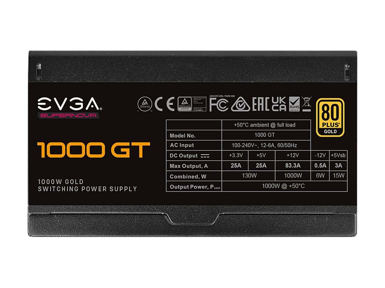 EVGA SuperNOVA 1000 GT, 80 Plus Gold 1000W, Fully Modular, Eco Mode with FDB Fan, 10 Year Warranty, Includes Power ON Self Tester, Compact 150mm Size, Power Supply 220-GT-1000-X1