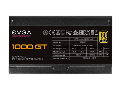 EVGA SuperNOVA 1000 GT, 80 Plus Gold 1000W, Fully Modular, Eco Mode with FDB Fan, 10 Year Warranty, Includes Power ON Self Tester, Compact 150mm Size, Power Supply 220-GT-1000-X1