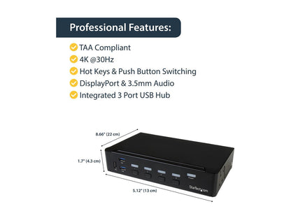 StarTech.com SV431DPU3A2 4-Port DisplayPort KVM Switch - DP KVM Switch with Built-in USB 3.0 Hub for Peripherals - 4K 30Hz