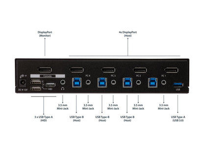 StarTech.com SV431DPU3A2 4-Port DisplayPort KVM Switch - DP KVM Switch with Built-in USB 3.0 Hub for Peripherals - 4K 30Hz