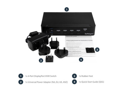 StarTech.com SV431DPU3A2 4-Port DisplayPort KVM Switch - DP KVM Switch with Built-in USB 3.0 Hub for Peripherals - 4K 30Hz