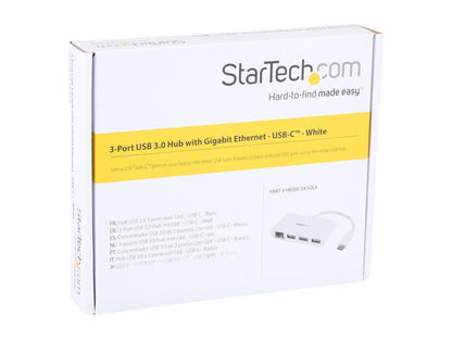 StarTech HB30C3A1GEA USB-C to Ethernet Adapter with 3 Port USB C Hub - Gigabit - White - Thunderbolt 3 Compatible - MacBook Pro 2016