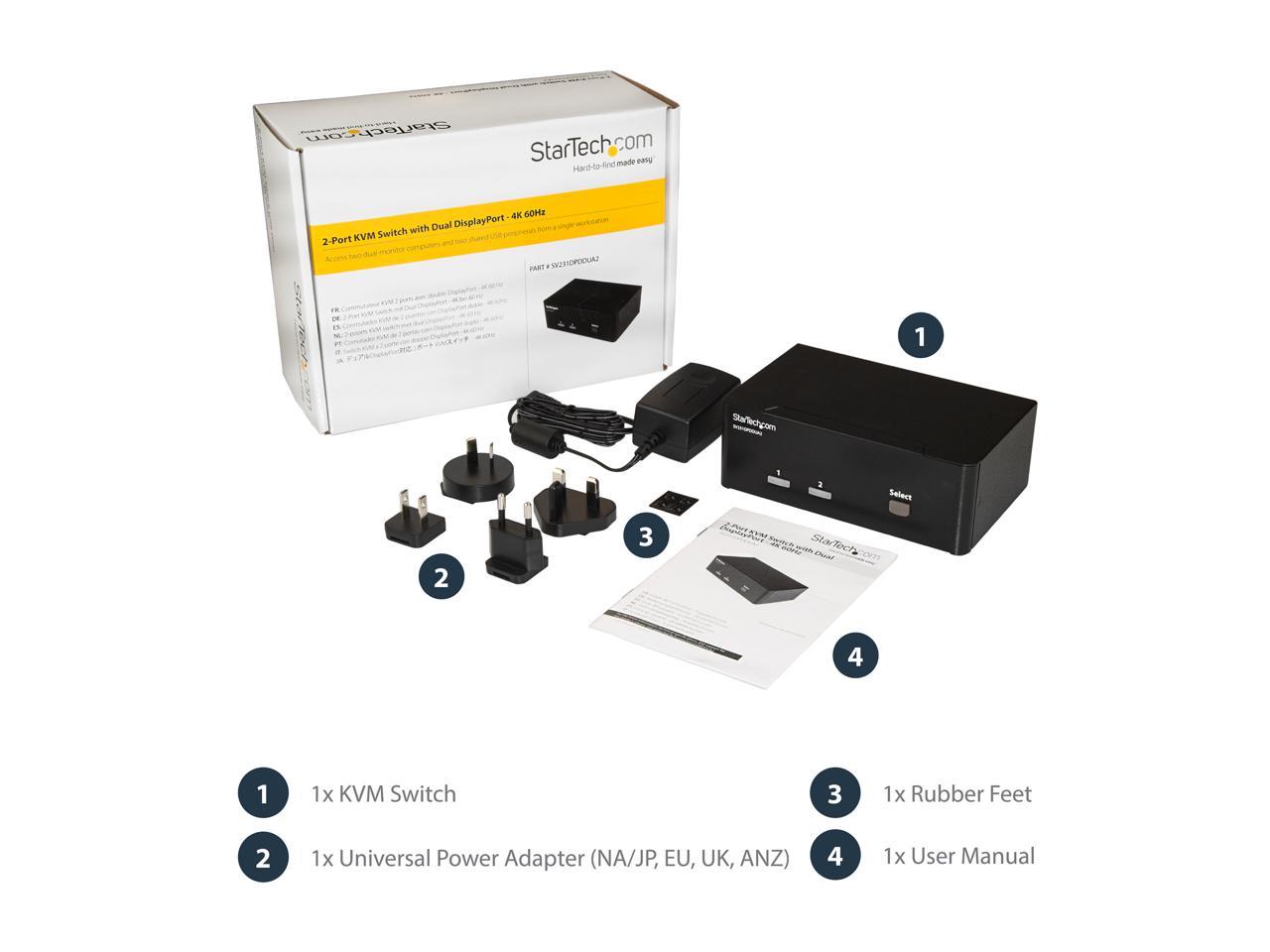 StarTech.com SV231DPDDUA2 DisplayPort KVM Switch - 2 Port - Dual-Display - 4k 60hz - USB Hub - Audio and Microphone