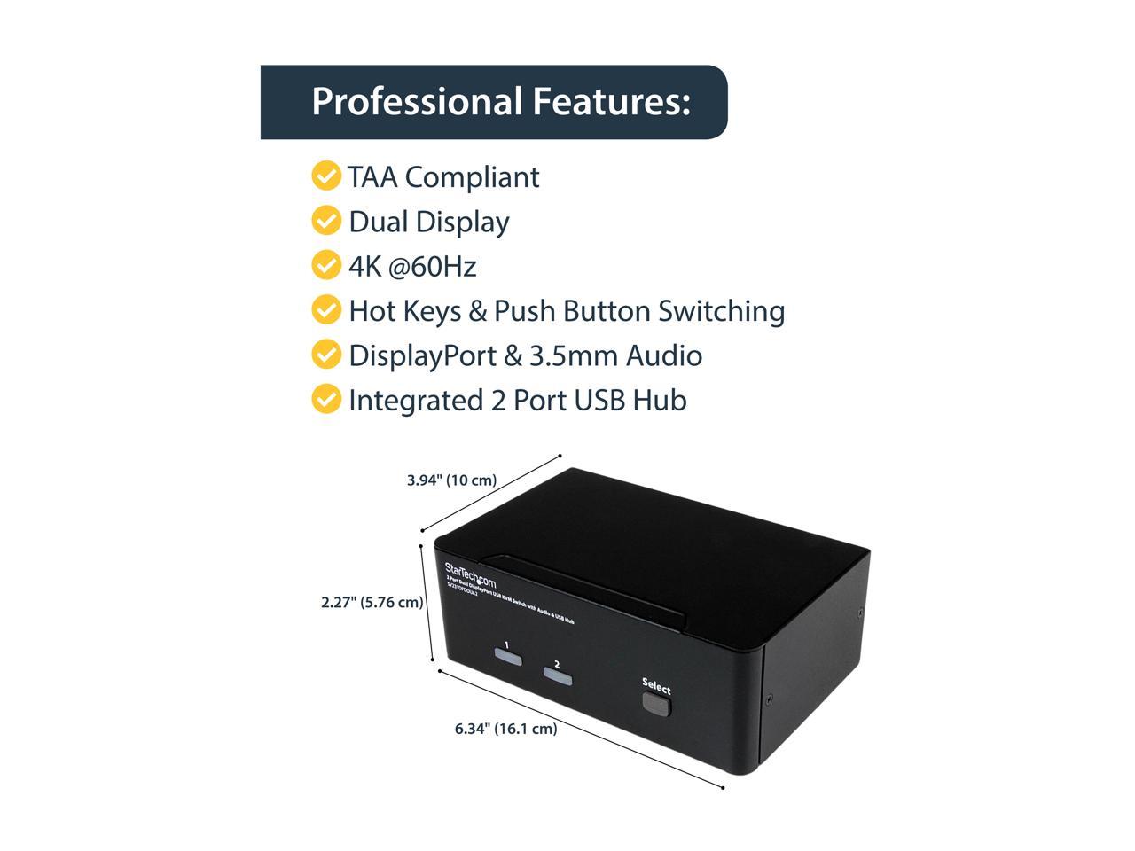 StarTech.com SV231DPDDUA2 DisplayPort KVM Switch - 2 Port - Dual-Display - 4k 60hz - USB Hub - Audio and Microphone
