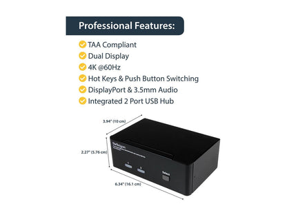 StarTech.com SV231DPDDUA2 DisplayPort KVM Switch - 2 Port - Dual-Display - 4k 60hz - USB Hub - Audio and Microphone