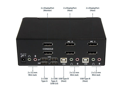 StarTech.com SV231DPDDUA2 DisplayPort KVM Switch - 2 Port - Dual-Display - 4k 60hz - USB Hub - Audio and Microphone