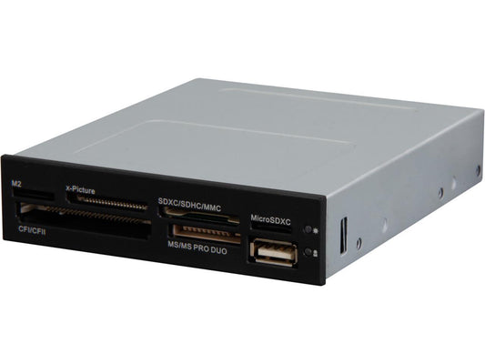 StarTech 35FCREADBK3 Supports CompactFlash type I/ II, SD/ miniSD/ microSD/ SDHC/ SDXC, MMC/ RS-MMC/ HS-MMC/ MMCmobile/ MMCplus/ MMCmicro/ HC-MMC, MemoryStick, and xD Picture card. 22-in-1 Card Reader