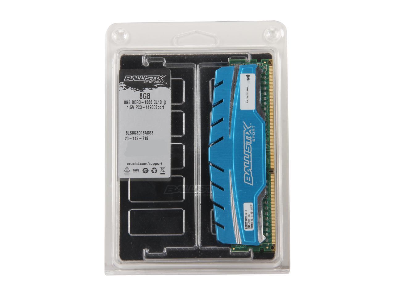 Crucial Ballistix Sport XT 8GB Single DDR3 1866 MT/s (PC3-14900) CL10 @1.5V UDIMM 240-Pin Memory Module