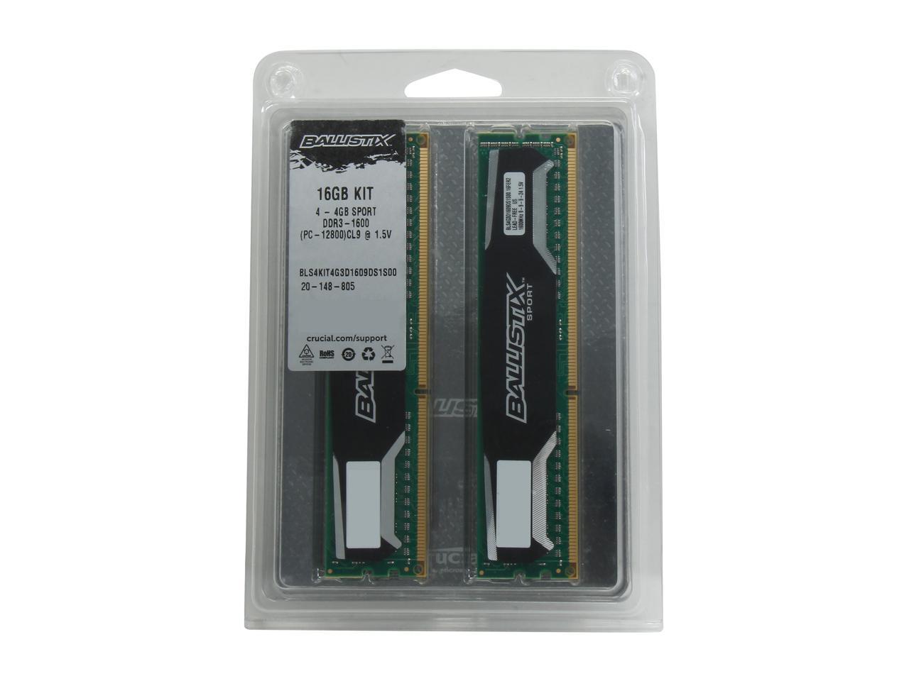 Crucial Ballistix Sport 16GB (4 x 4GB) 240-Pin DDR3 SDRAM DDR3 1600 (PC3 12800) Desktop Memory Model BLS4KIT4G3D1609DS1S00