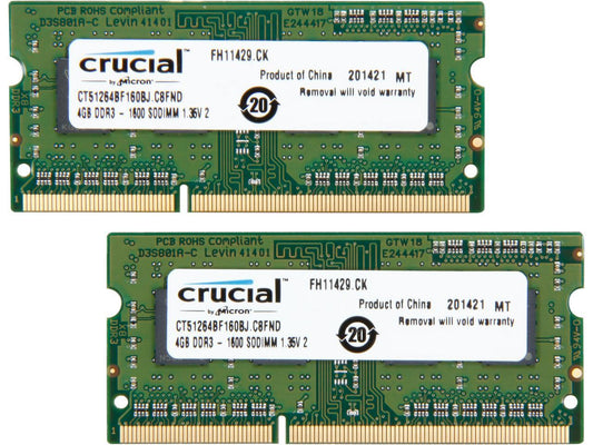 Crucial 8GB (2 x 4GB) 204-Pin DDR3 SO-DIMM DDR3L 1600 (PC3L 12800) Laptop Memory Model CT2KIT51264BF160BJ