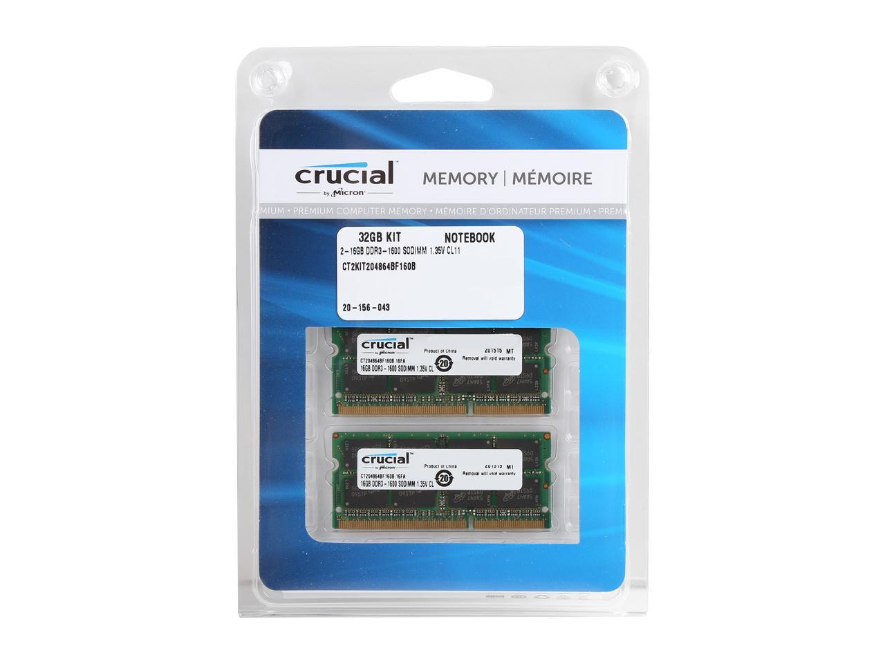 Crucial 32GB (2 x 16GB) 204-Pin DDR3 SO-DIMM DDR3L 1600 (PC3L 12800) Laptop Memory Model CT2KIT204864BF160B