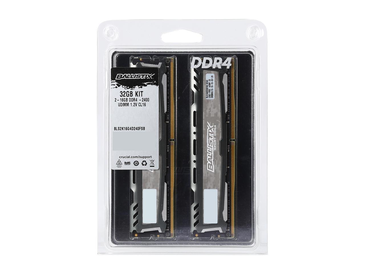 Ballistix Sport LT 32GB Kit (16GBx2) DDR4 2400 MT/s (PC4-19200) DIMM 288-Pin - BLS2K16G4D240FSB (Gray)