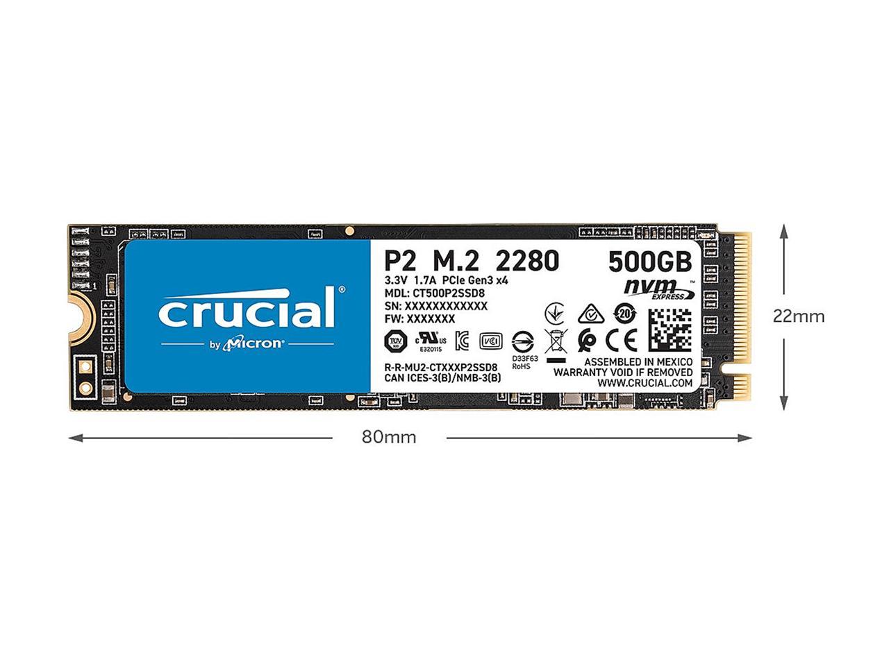 Crucial P2 500GB 3D NAND NVMe PCIe M.2 SSD Up to 2300 MB/s - CT500P2SSD8