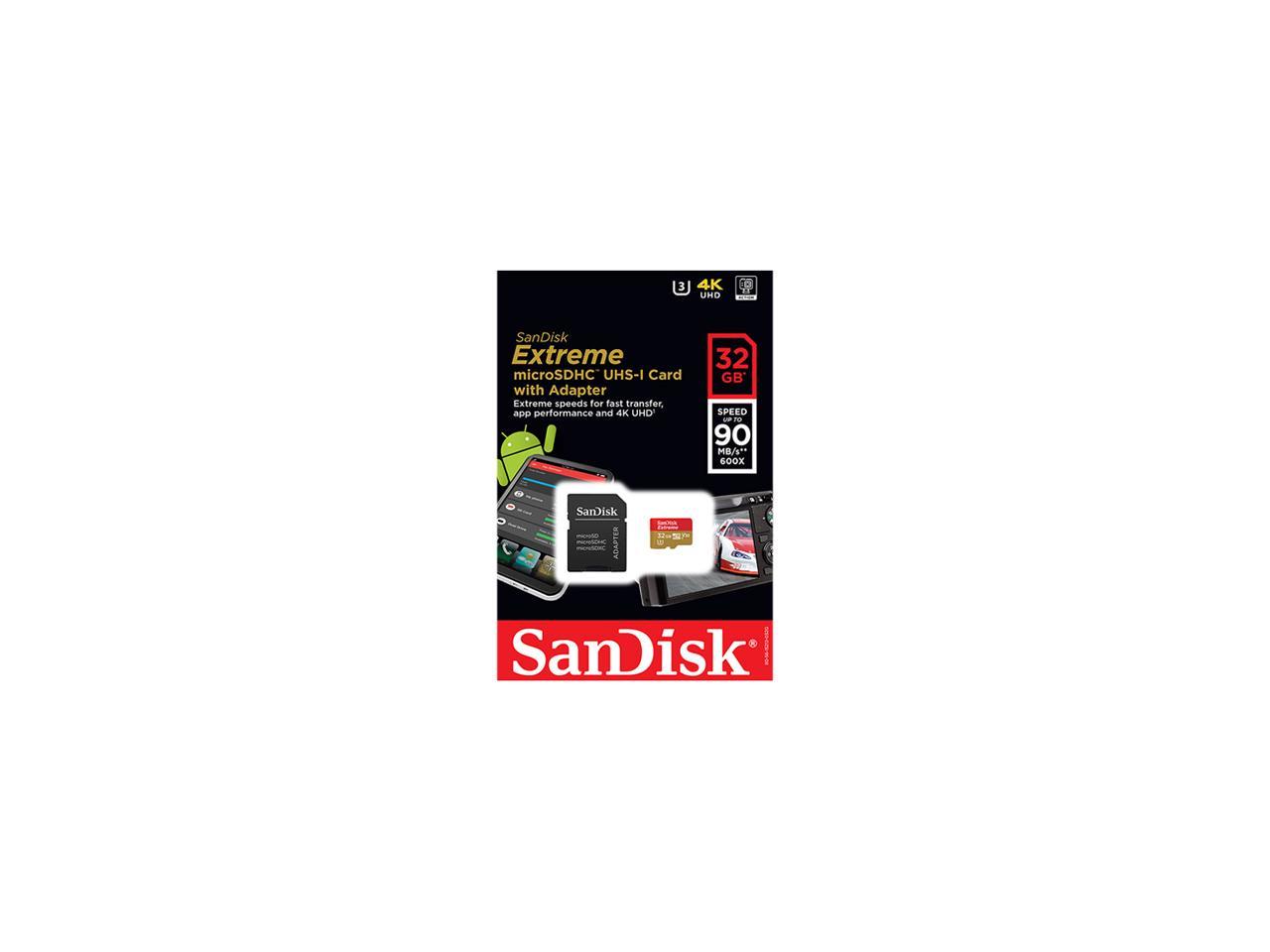 SanDisk 32GB Extreme microSDHC UHS-I/U3 Class 10 Memory Card with Adapter, Speed Up to 90MB/s (SDSQXVF-032G-GN6MA)
