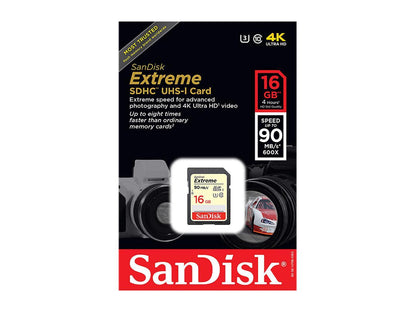 SanDisk 16GB Extreme SDHC UHS-I/U3 Class 10 Memory Card, Speed Up to 90MB/s (SDSDXNE-016G-GNCIN)