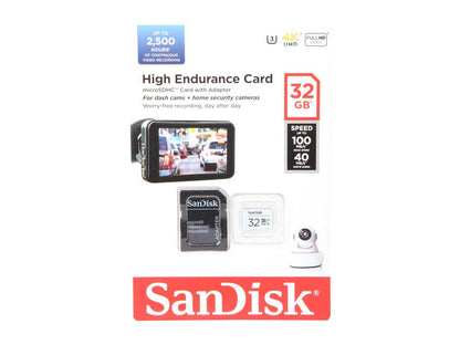 SanDisk 32GB High Endurance microSDHC C10, U3, V30, 4k UHD Memory Card with Adapter (SDSQQNR-032G-GN6IA)
