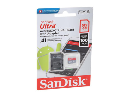 SanDisk 512GB Ultra microSDXC A1 UHS-I/U1 Class 10 Memory Card with Adapter, Speed Up to 100MB/s (SDSQUAR-512G-GN6MA)