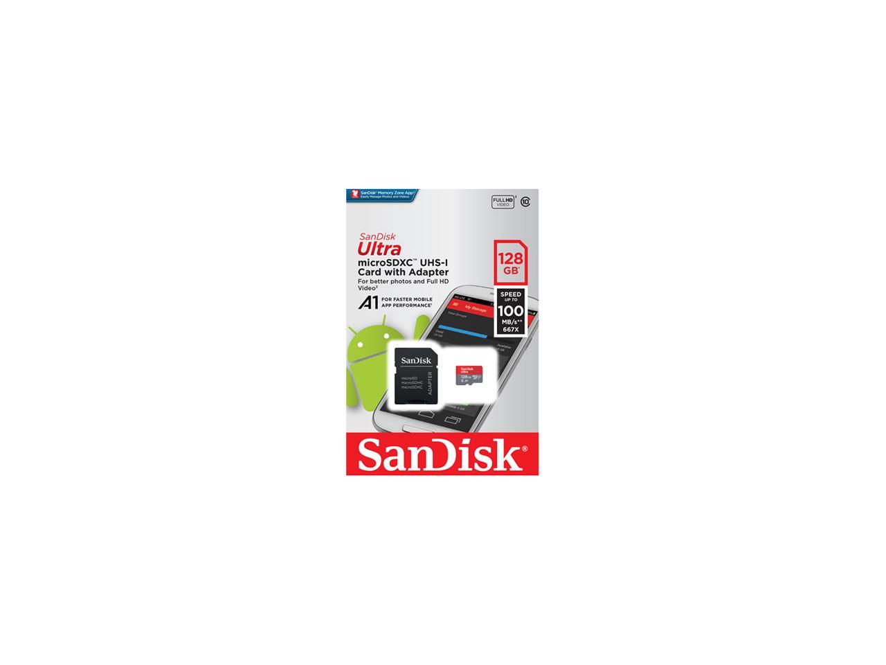 SanDisk 128GB Ultra microSDXC A1 UHS-I/U1 Class 10 Memory Card with Adapter, Speed Up to 100MB/s (SDSQUAR-128G-GN6MA)
