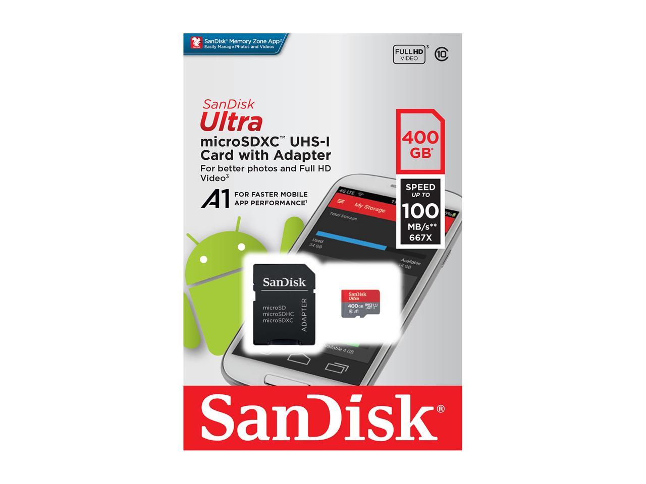 SanDisk 400GB Ultra microSDXC A1 UHS-I/U1 Class 10 Memory Card with Adapter, Speed Up to 100MB/s (SDSQUAR-400G-GN6MA)