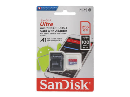 SanDisk 256GB Ultra microSDXC A1 UHS-I/U1 Class 10 Memory Card with Adapter, Speed Up to 100MB/s (SDSQUAR-256G-GN6MA)