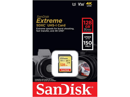 SanDisk 128GB Extreme SDXC UHS-I/U3 Class 10 V 30 Memory Card, Speed Up to 150MB/s (SDSDXV5-128G-GNCIN)