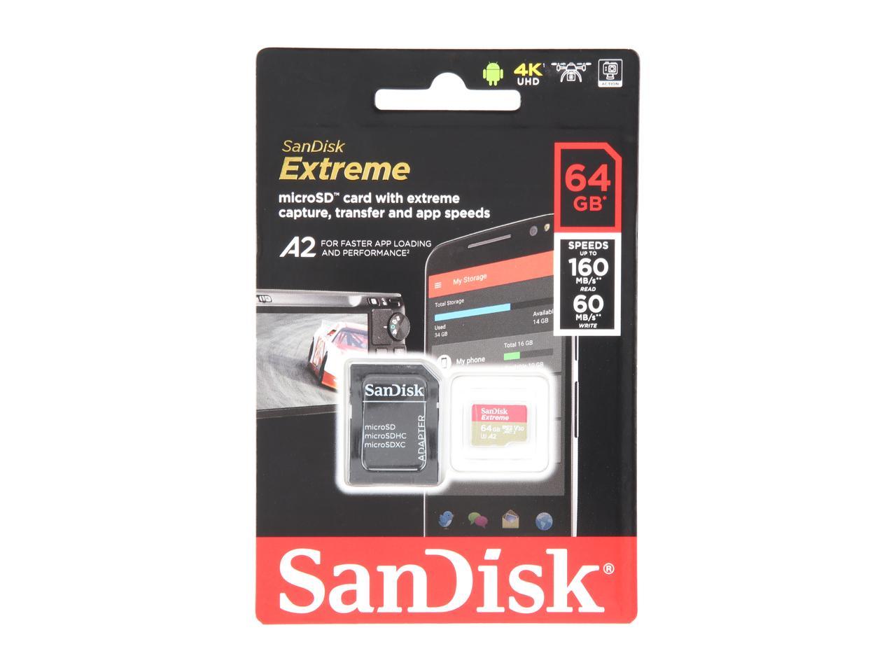 SanDisk 64GB Extreme microSDXC UHS-I/U3 A2 Memory Card with Adapter, Speed Up to 160MB/s (SDSQXA2-064G-GN6MA)